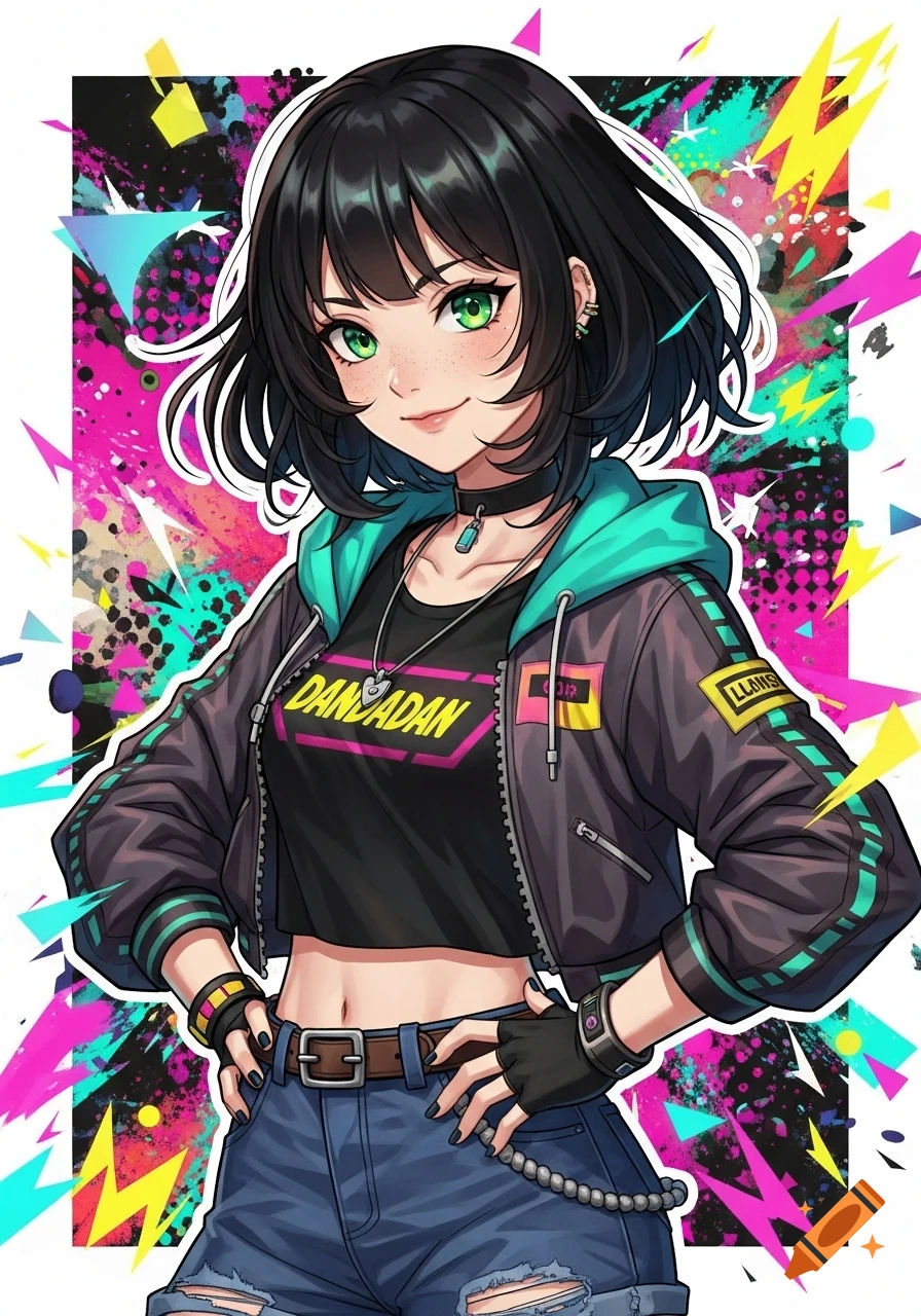 An anime girl with black hair, green eyes, freckles, wearing a cropped black shirt, turquoise hoodie, and ripped denim shorts, standing against a vibrant, abstract background with neon pink, blue, and yellow elements.