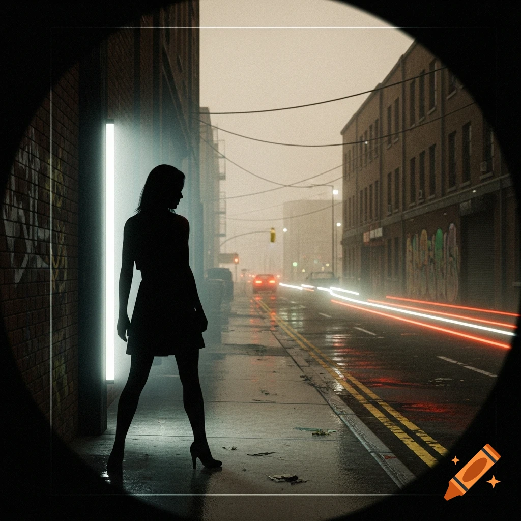 Silhouetted woman on a wet, rainy urban street at night, with glowing light and car light trails, in a grainy style.