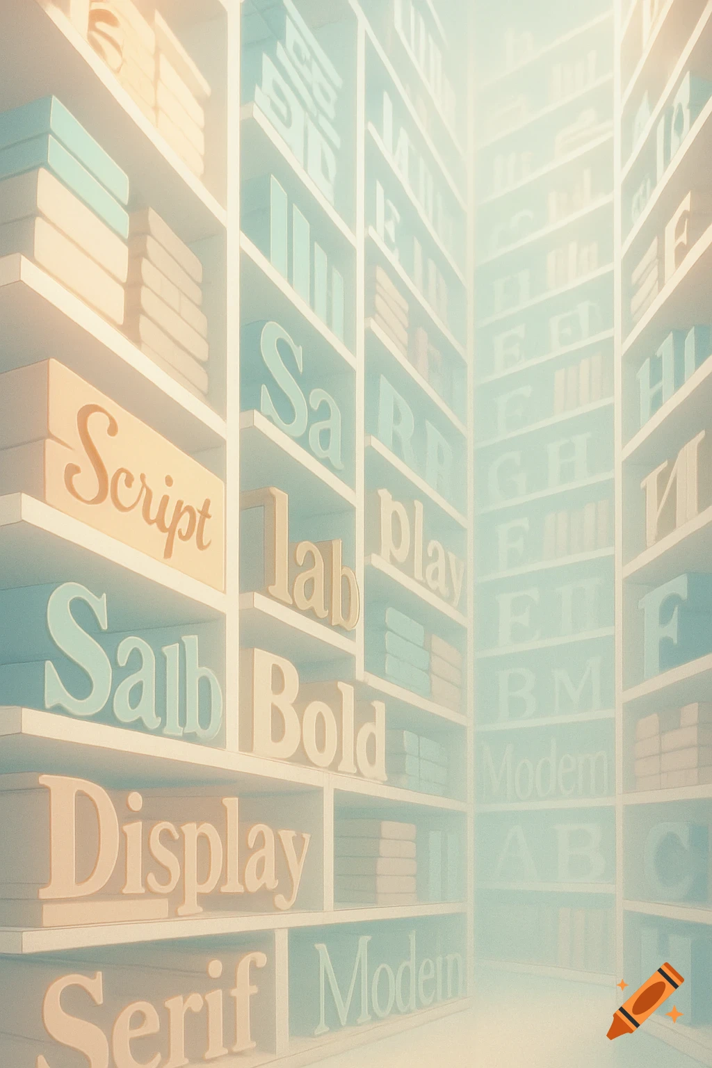 A soft, pastel-toned image of numerous stylized 3D letters and words like 'Script', 'Display', 'Serif', and 'Bold' displayed on white shelves in a room, with a soft, dreamlike blur in the distance.