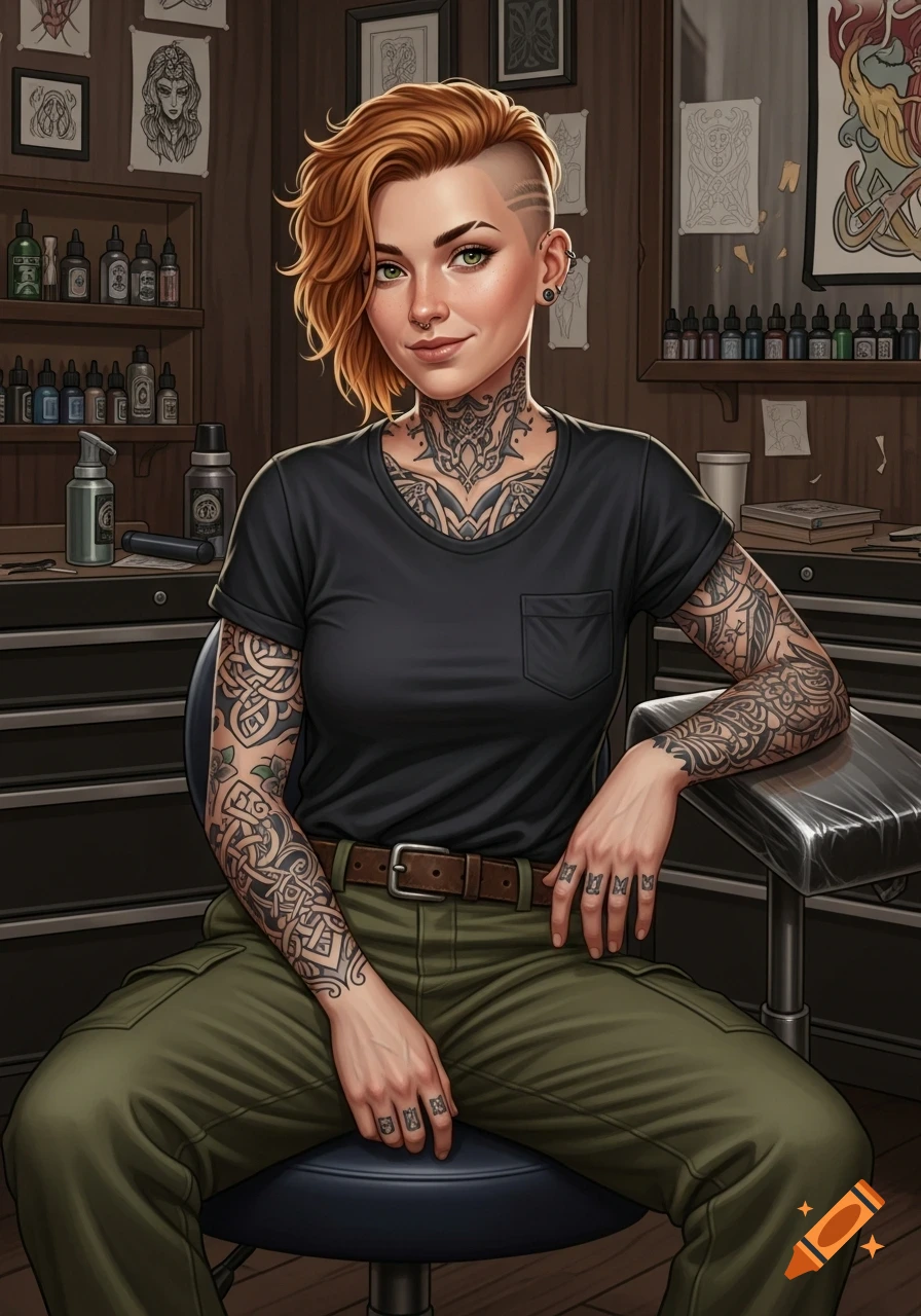 A hyperrealistic portrait of a tattooed woman with an undercut pixie haircut and green eyes, sitting in a tattoo shop.