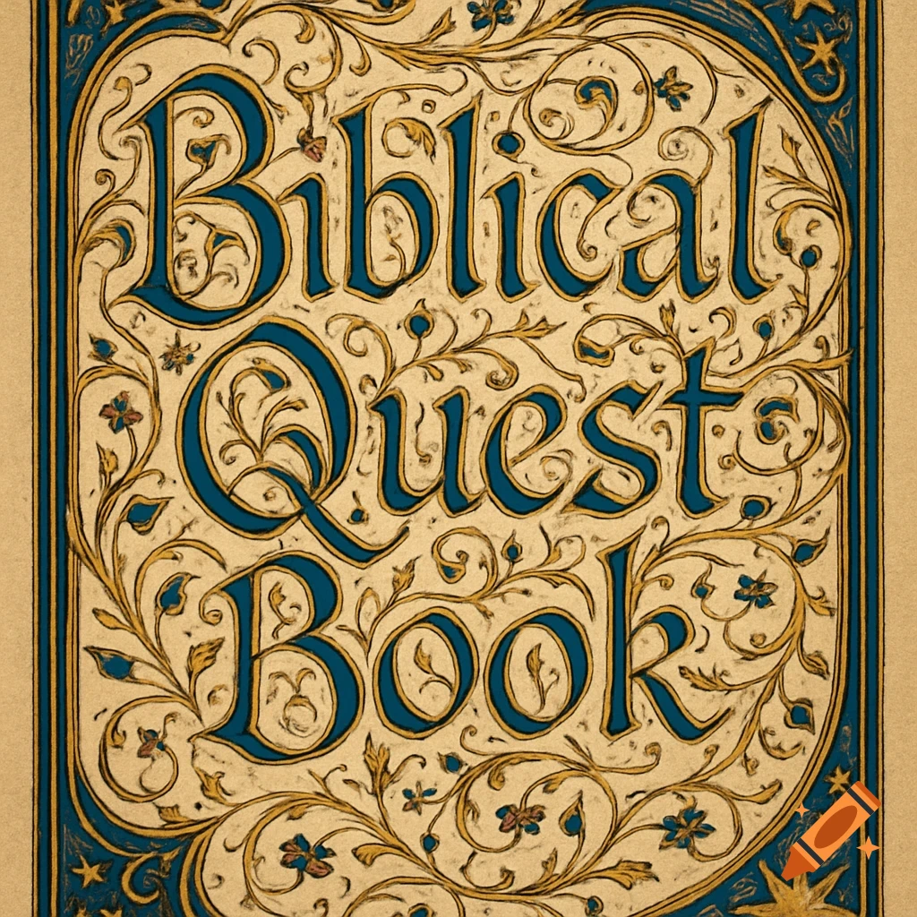 Ornate, vintage-style book cover titled 'Biblical Quest Book' with elegant blue calligraphy and golden floral scrollwork on a parchment background.