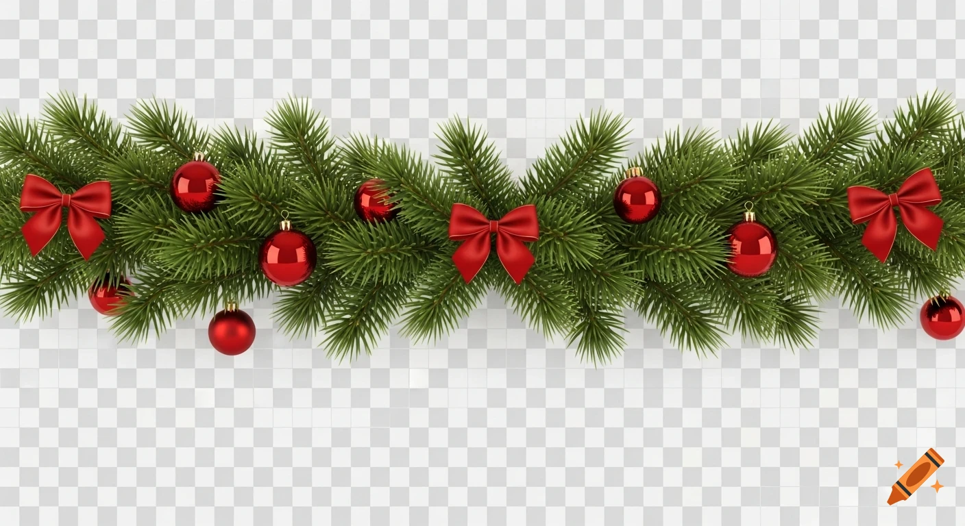 Photorealistic Christmas pine garland decorated with red bows and glass baubles on a transparent background.