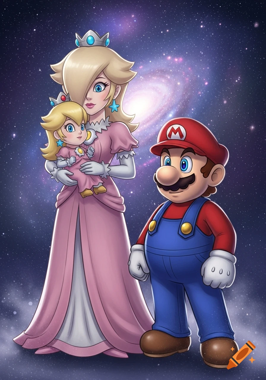 Princess Rosalina holds a baby in a pink dress, standing next to Mario, against a vibrant galaxy background in a cartoon style.