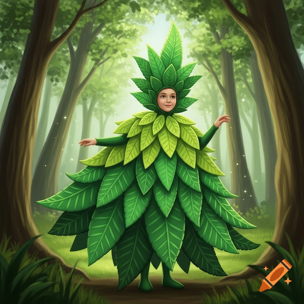 A child in a vibrant green leaf fern costume stands in an illustrative, mystical forest, surrounded by trees.