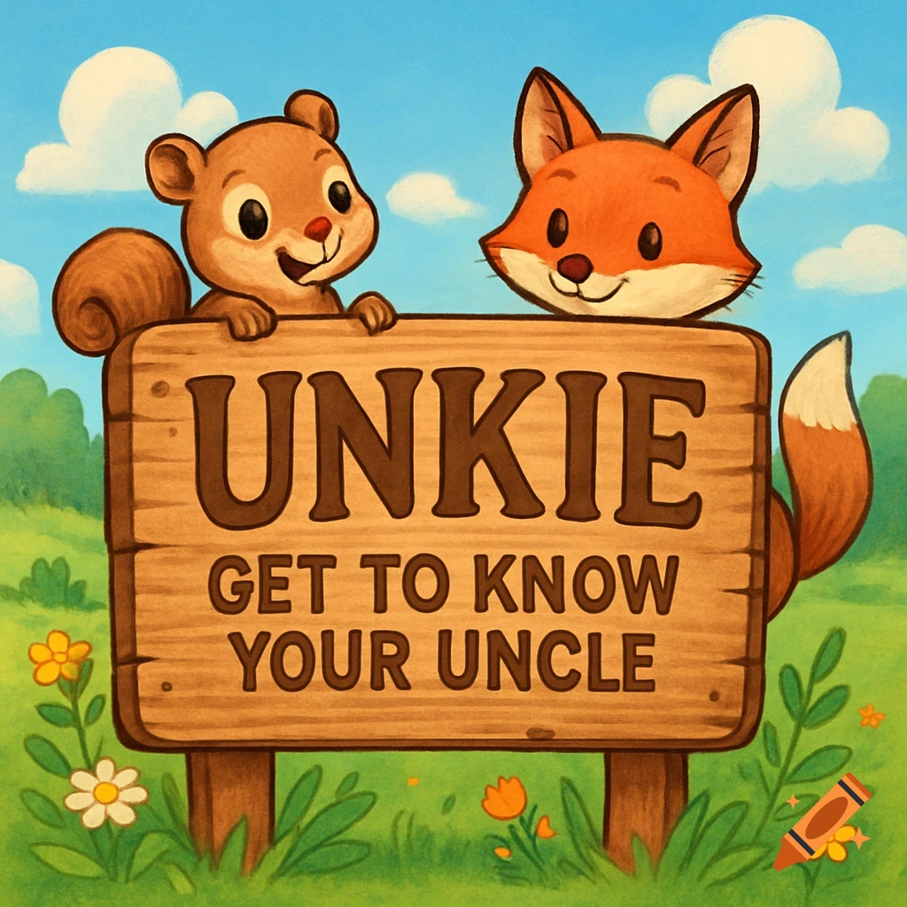 A cute cartoon squirrel and fox stand behind a wooden sign that reads 'Unkie: Get to Know Your Uncle' in a sunny field.