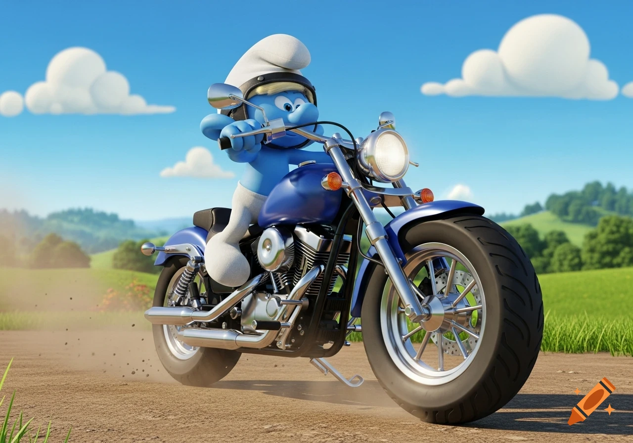 A blue Smurf wearing a helmet and white boots rides a blue motorcycle on a dirt road, kicking up dust under a blue sky with white clouds.