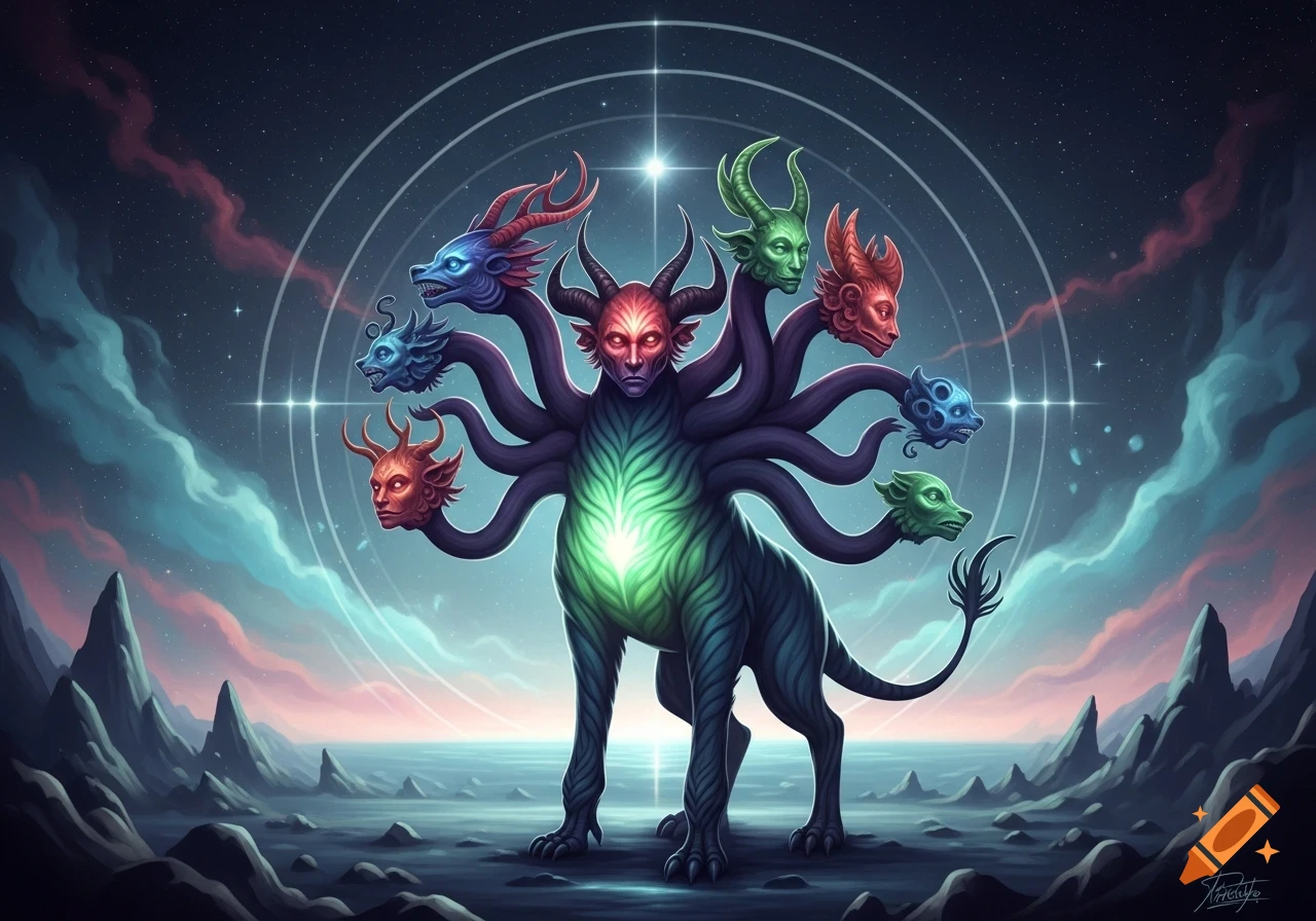 A multi-headed fantasy creature with a glowing chest stands on a rocky landscape under a cosmic sky with nebulae.