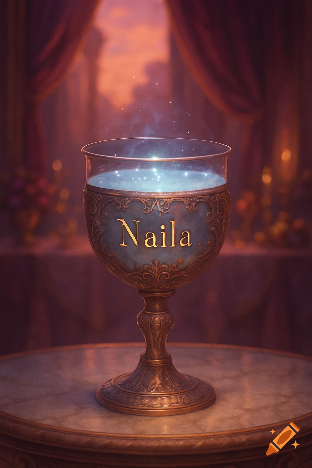 Ornate golden goblet containing glowing blue liquid with the name 'Naila' inscribed, set on a marble table in a dim, grand room.