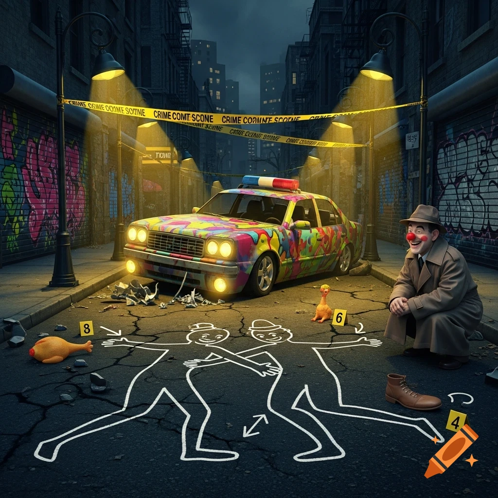 A clown detective at a nighttime urban crime scene with a colorful car, chalk outlines of cartoon figures, and crime tape.