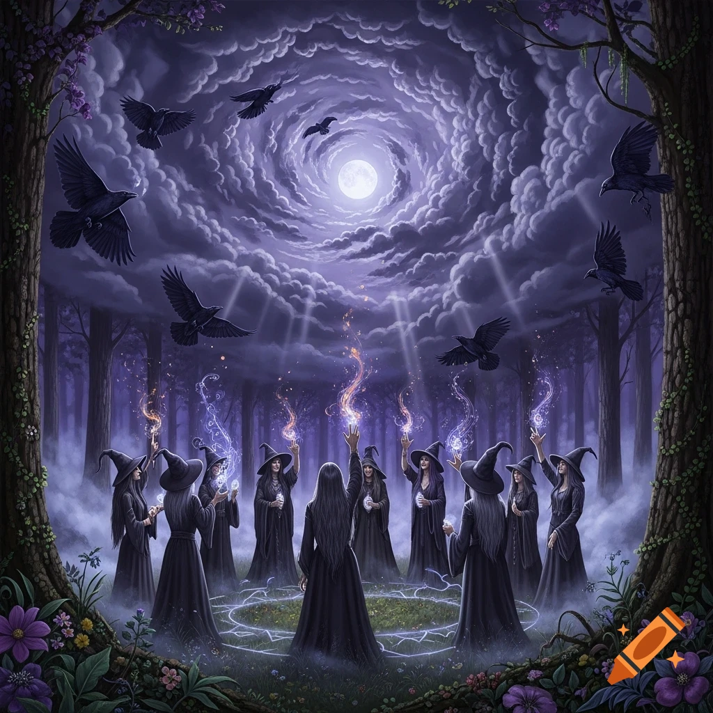 A group of witches performs a magical ritual under a full moon in a dark forest, with ravens flying in a cloudy, swirling sky.
