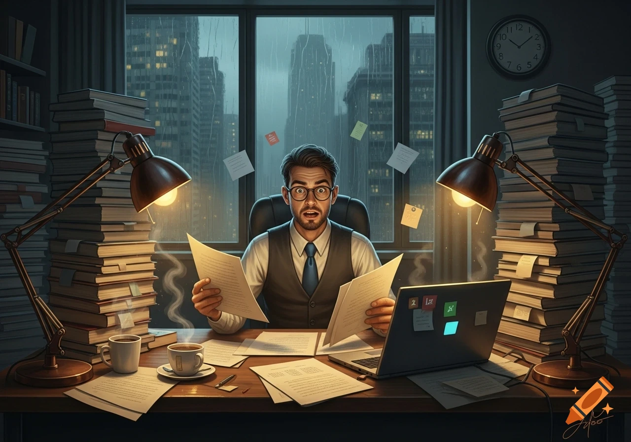 A panicked book editor sits at a desk overflowing with papers and stacks of books in a dimly lit office with a rainy cityscape outside.