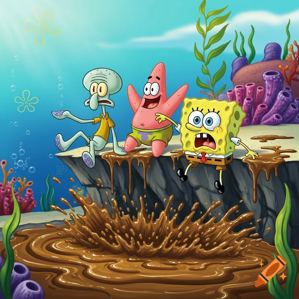 Spongebob, Patrick, and Squidward fall off a cliff into a splashing pool of mud underwater, with coral and seaweed.