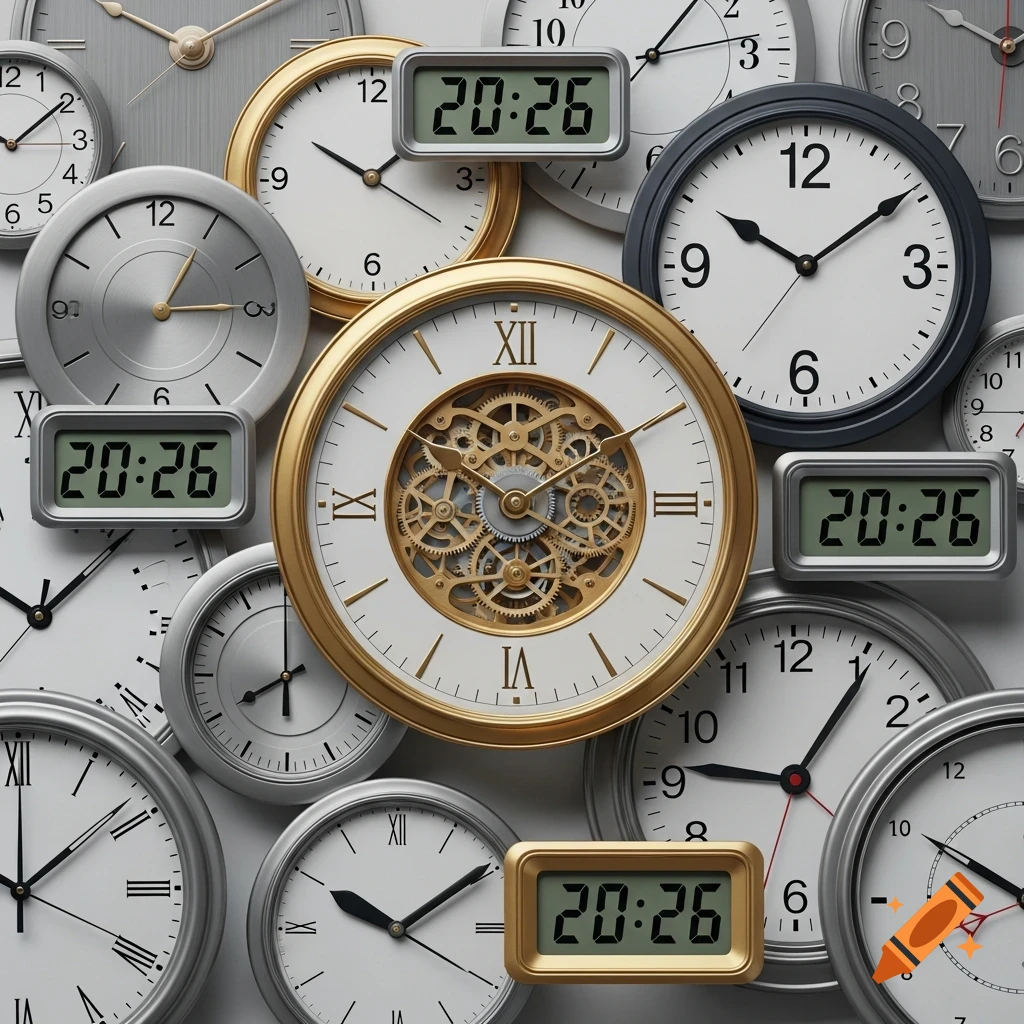 Close-up of numerous analog and digital clocks, mostly in gold and silver, all displaying 20:26 in a tight composition.