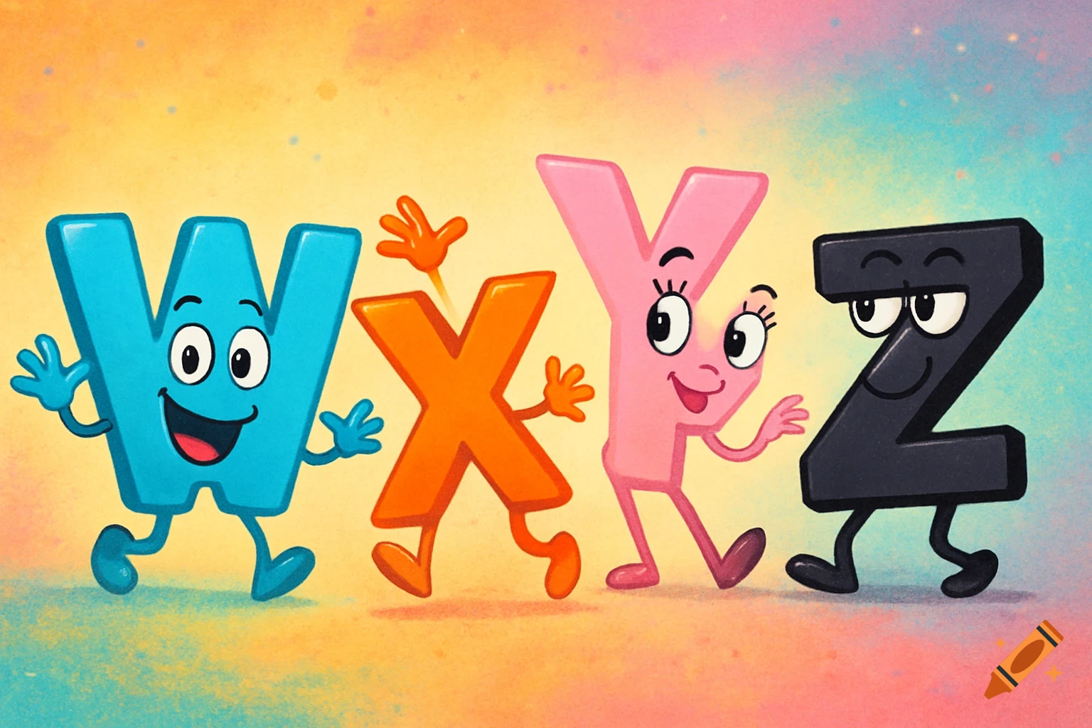 Happy cartoon letters W, X, Y, Z in blue, orange, pink, and black, with arms and legs, walking across a colorful background.