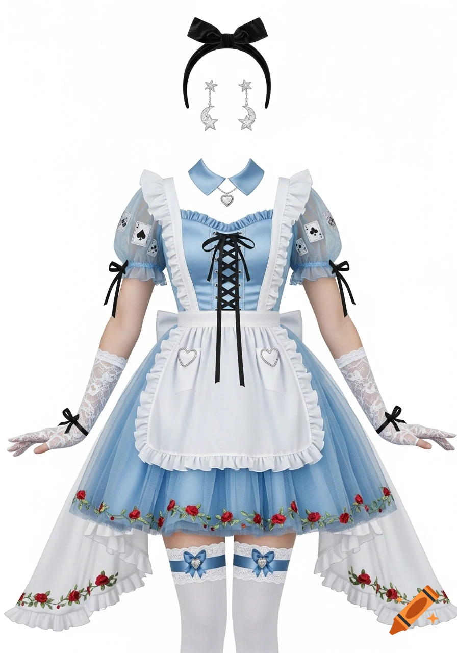 An Alice in Wonderland themed costume featuring a blue dress with white apron, black lacing, red rose embroidery, lace gloves, thigh-high stockings, headband, and star-and-moon earrings.