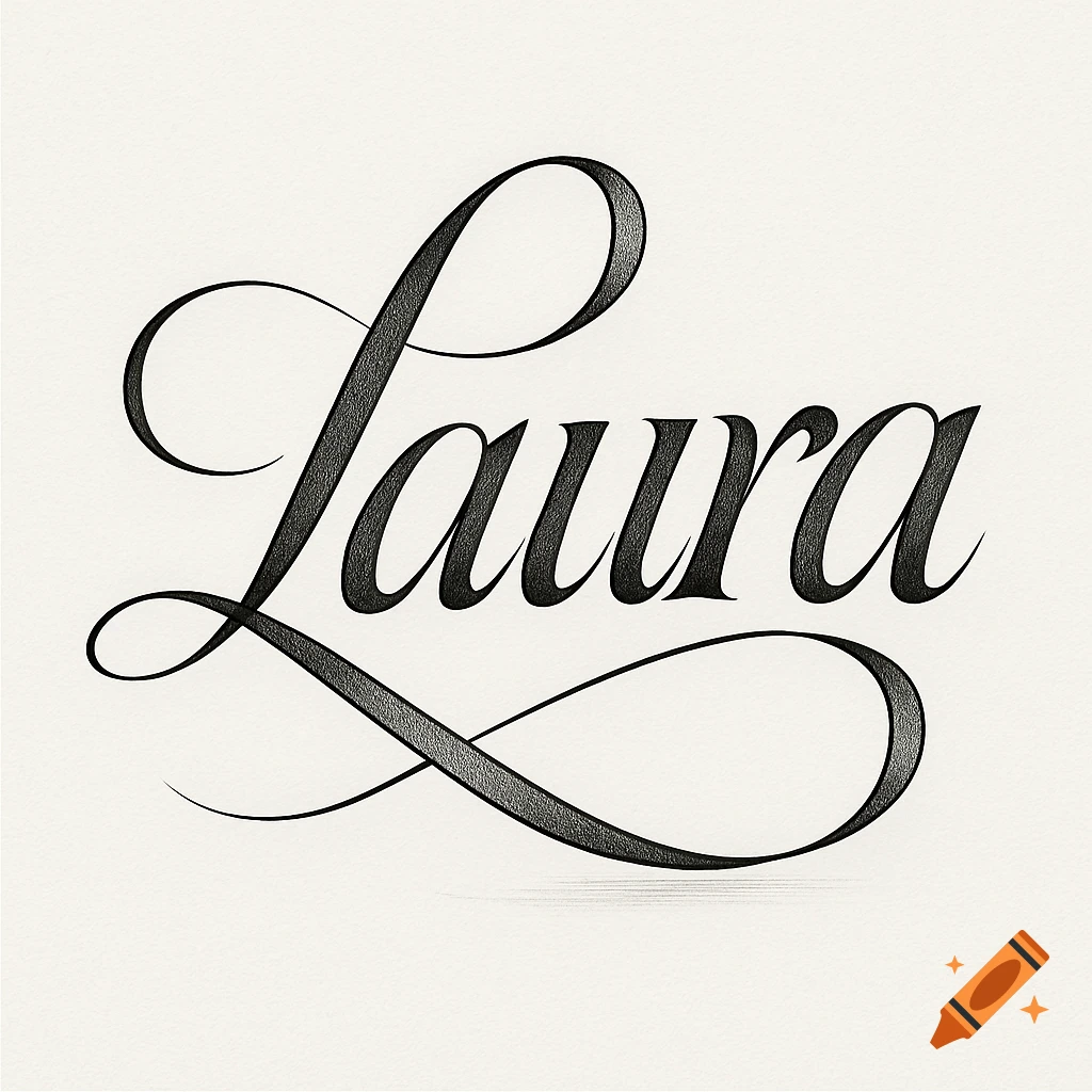 Elegant black calligraphic rendering of the name "Laura" with fine strokes and decorative swashes on a subtle textured background.
