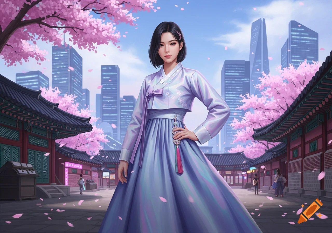 An anime-style woman in a purple and white hanbok stands in a traditional Korean courtyard with cherry blossoms, against a backdrop of modern skyscrapers and a blue sky.