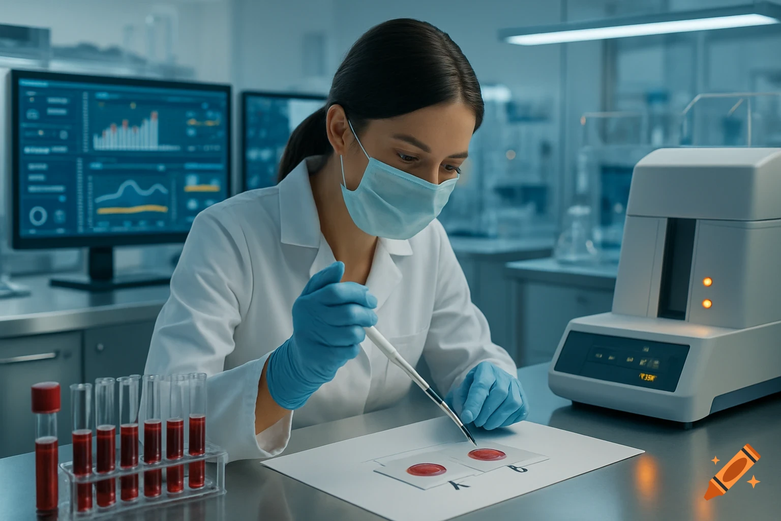 A female scientist in a lab coat and mask conducts a blood typing test with samples labeled A and B, surrounded by lab equipment.