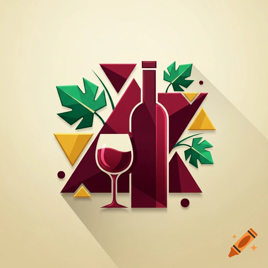 Geometric art depicting a maroon wine bottle and glass with red wine, surrounded by green leaves and abstract red and gold triangles.
