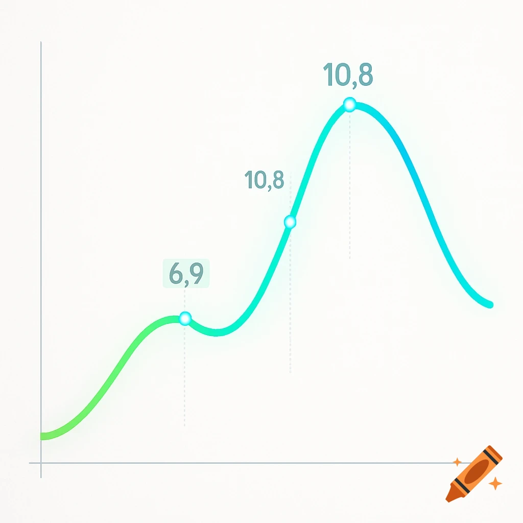 A minimalist line graph on a white background, featuring a green and blue curved line with data points 6.9 and 10.8.