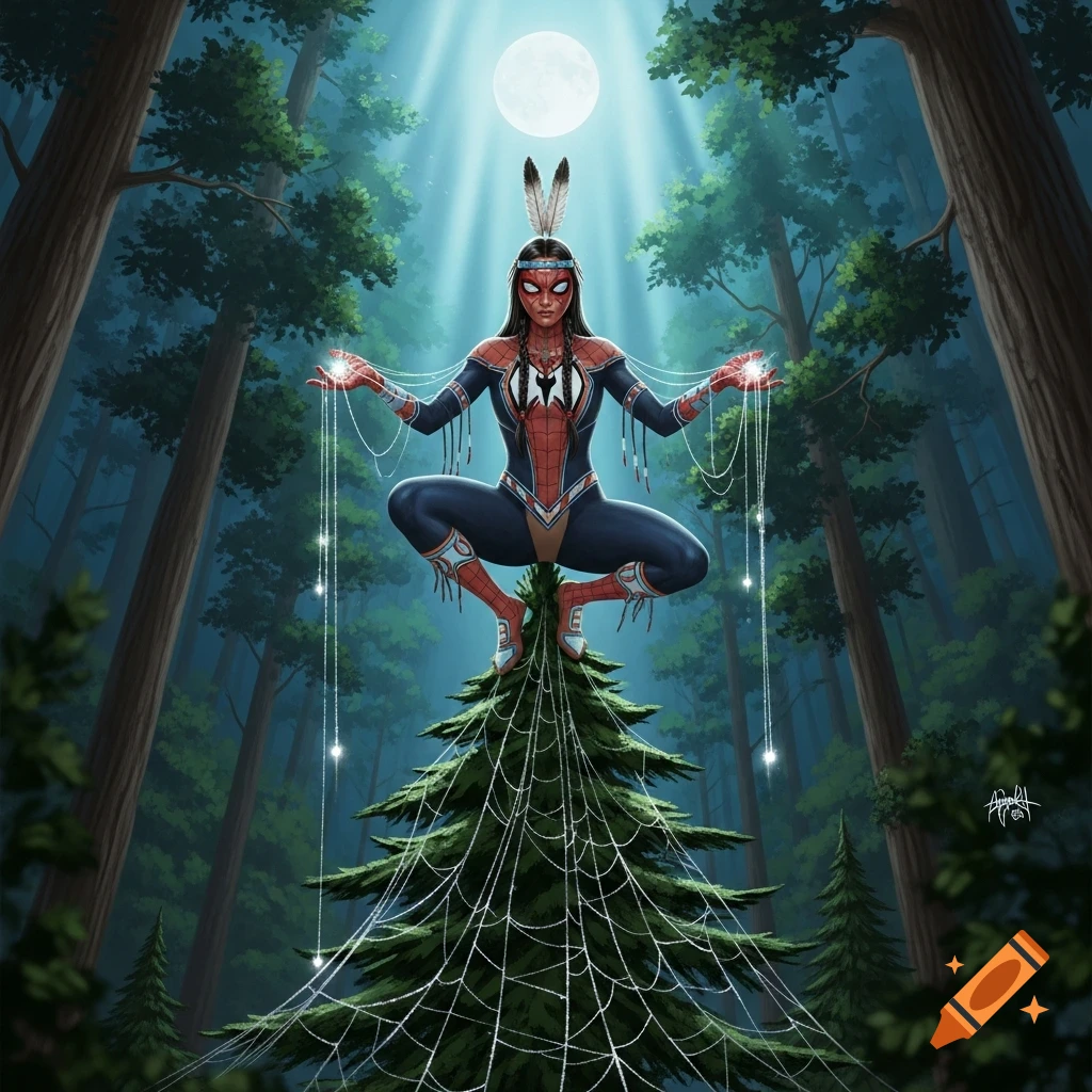An Ojibwe Spiderwoman superhero squats atop a pine tree, surrounded by glowing strings, under a full moon in a mystical forest.