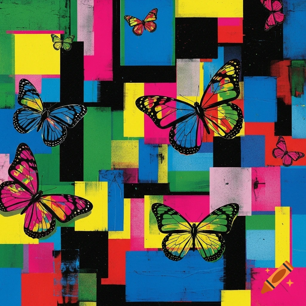 Multiple colorful butterflies with black outlines on a background of vibrant, overlapping abstract blocks in a pop art style.