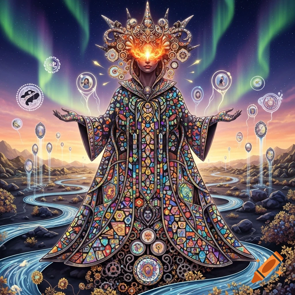 A majestic figure in a stained-glass-like robe with a glowing third eye, stands in a mystical landscape under aurora borealis.