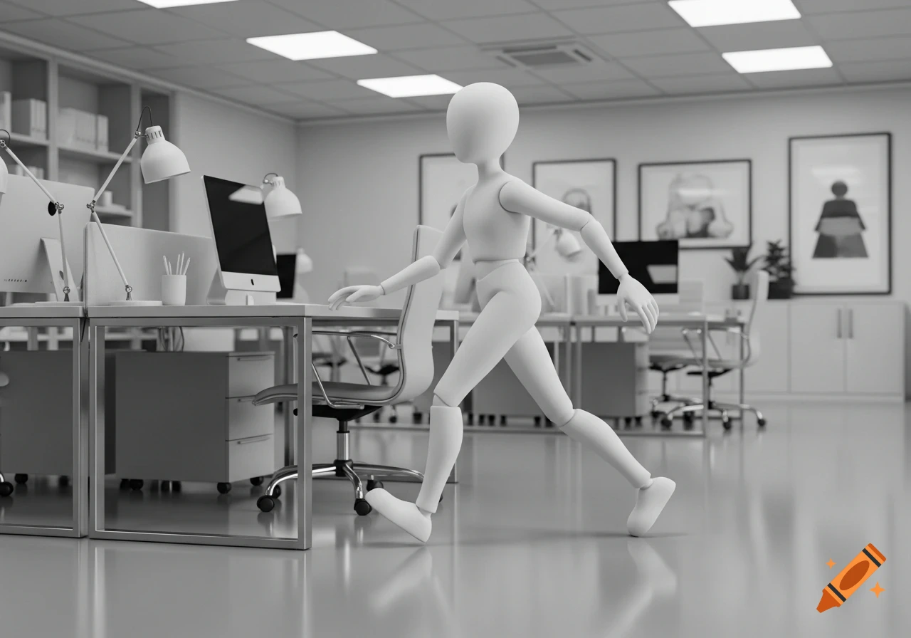 A white 3D figure with jointed limbs walks through a modern, minimalist grayscale office space with desks and computers.