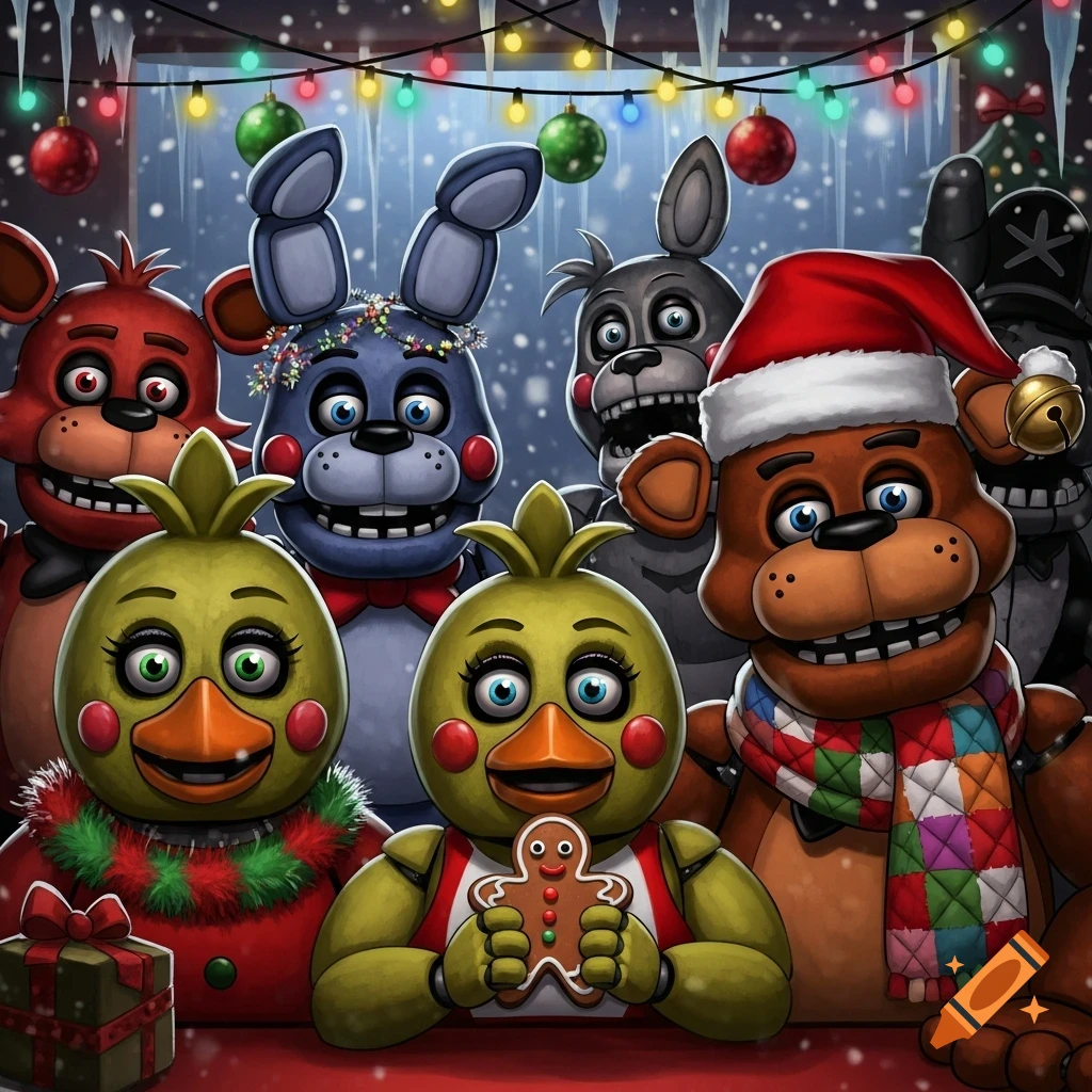 Festive FNAF animatronics, including Freddy, Bonnie, Chica, and Foxy, in Christmas attire with string lights and falling snow. A chick animatronic holds a gingerbread man.