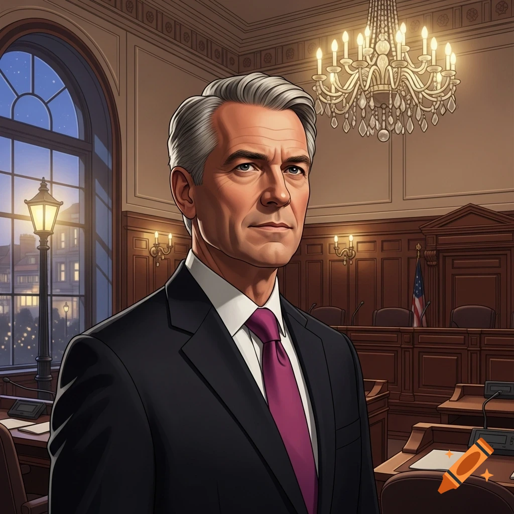 A man with gray hair in a dark suit and purple tie stands in a formal courtroom setting with a large window and chandelier.