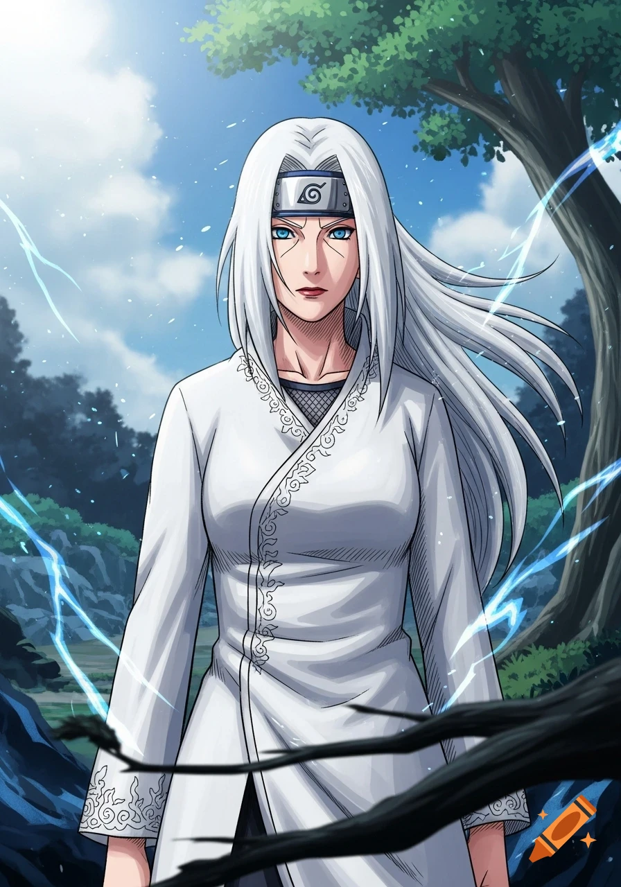 An anime-style female character with long white hair, blue eyes, and a white jacket, standing in a forest with blue lightning.