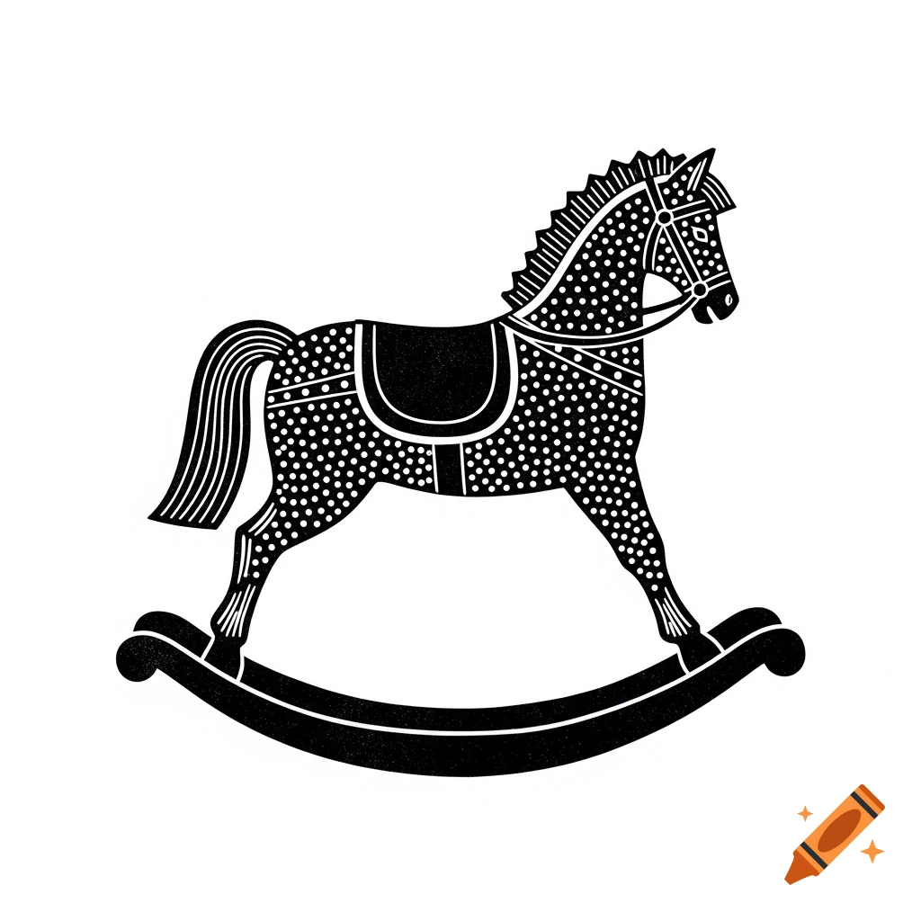 A black and white lino cut illustration of a rocking horse with a dotted pattern, viewed from the side.