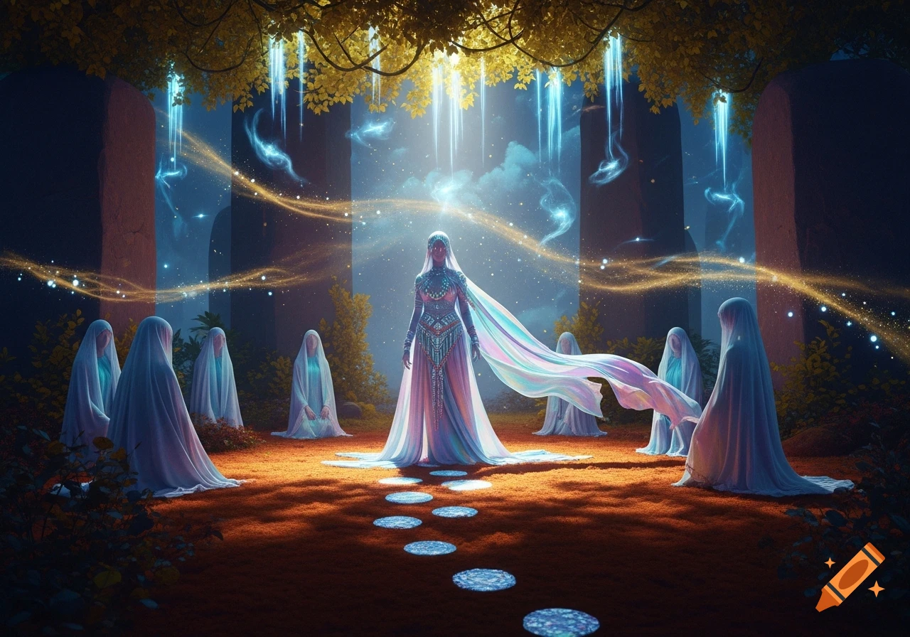A central figure in an ornate dress with flowing fabric stands in a mystical forest clearing, surrounded by robed figures and glowing light.