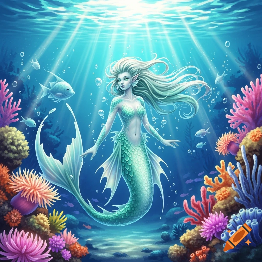 A fantasy illustration of a mermaid with long white hair and green scales swimming in a vibrant coral reef, with sunlight streaming from above.