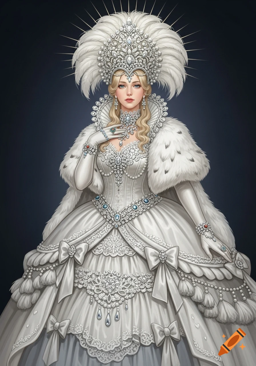 A regal woman in an opulent white gown adorned with feathers, diamonds, and pearls, wearing an elaborate crown.