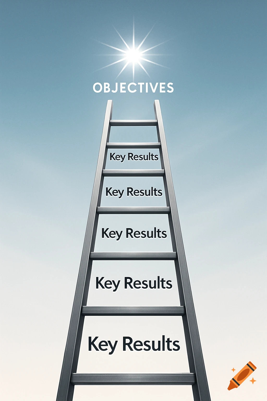 A conceptual graphic of a ladder labeled 'OBJECTIVES' leading towards a sun, with 'Key Results' on each rung, against a blue sky.