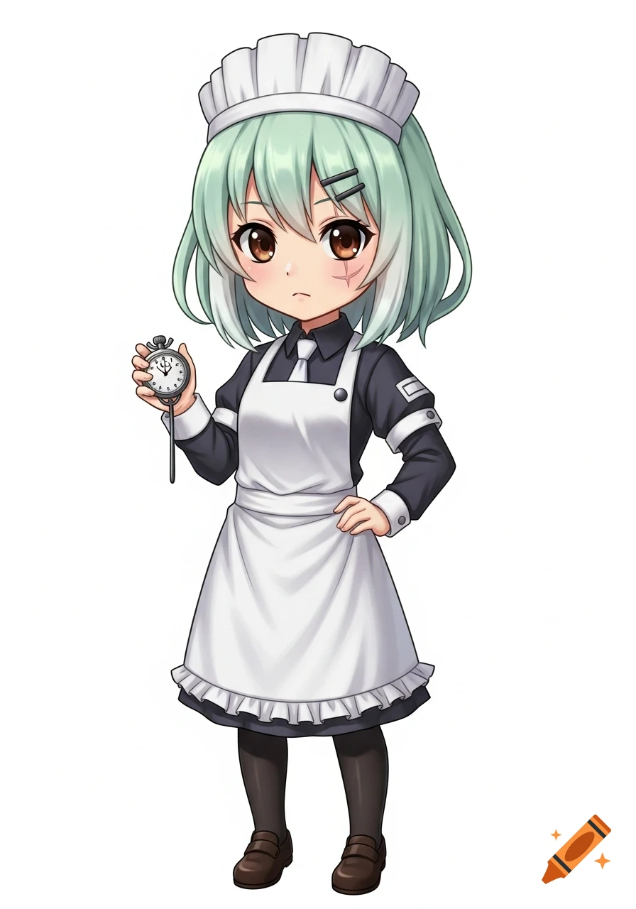 Chibi anime girl with mint green hair, a faded scar, wearing a black and white maid uniform, holding a stopwatch with a USB symbol.