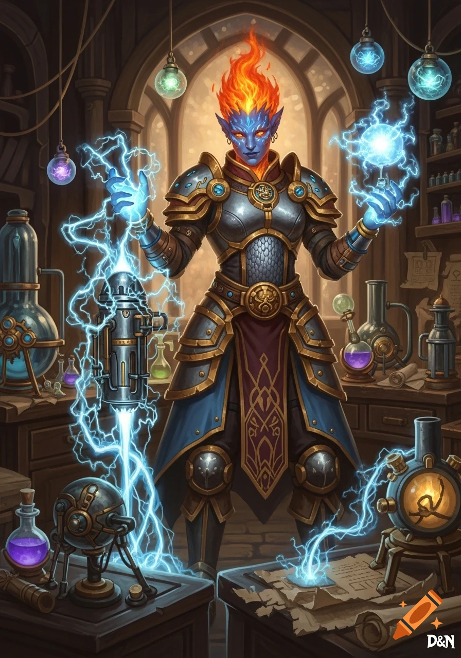 A blue-skinned Genasi artificer with fiery hair and ornate armor wields blue electricity in an alchemy lab, detailed fantasy art.