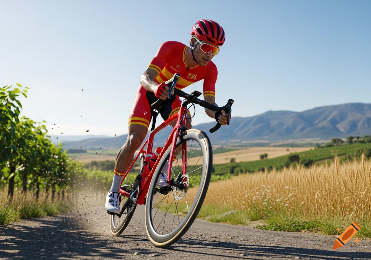 A male cyclist in a red and yellow racing suit on a red bicycle pedals hard on a rural road, kicking up dirt. Mountains are in the background.