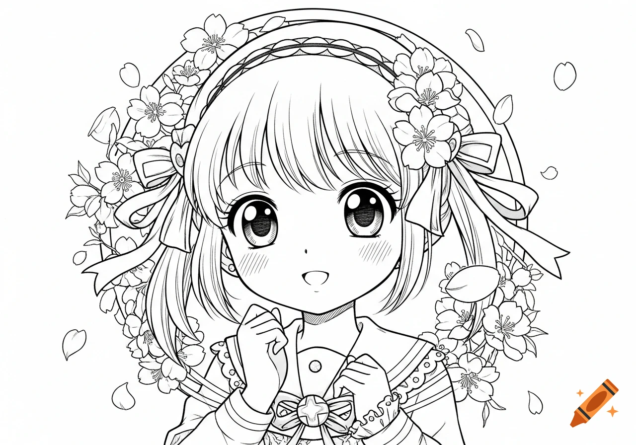 Monochrome anime girl with large eyes, framed by cherry blossoms, wearing a sailor-style collar, in a coloring book art style.