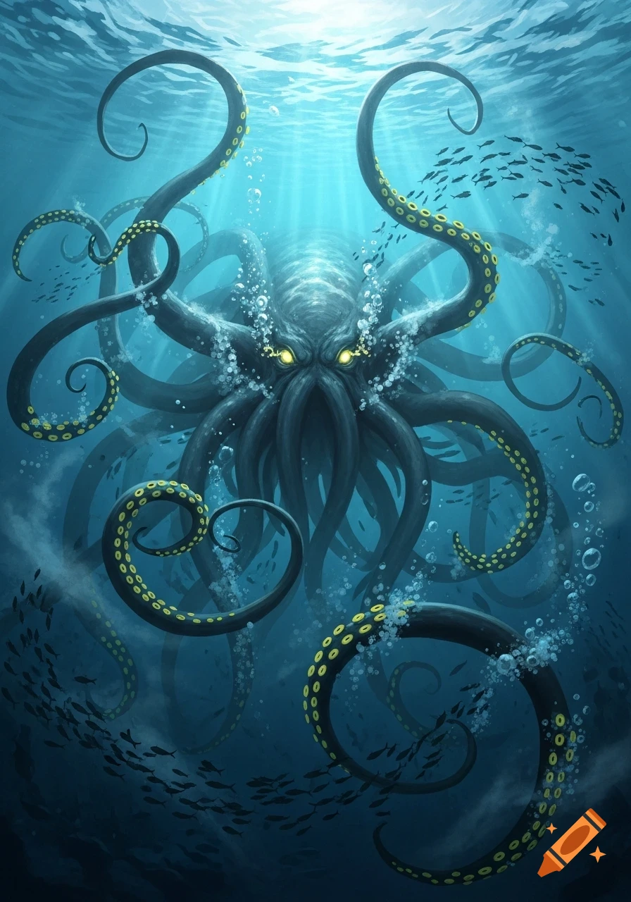 A menacing kraken with glowing yellow eyes emerges from the deep blue ocean, surrounded by swirling tentacles, fish, and bubbles.