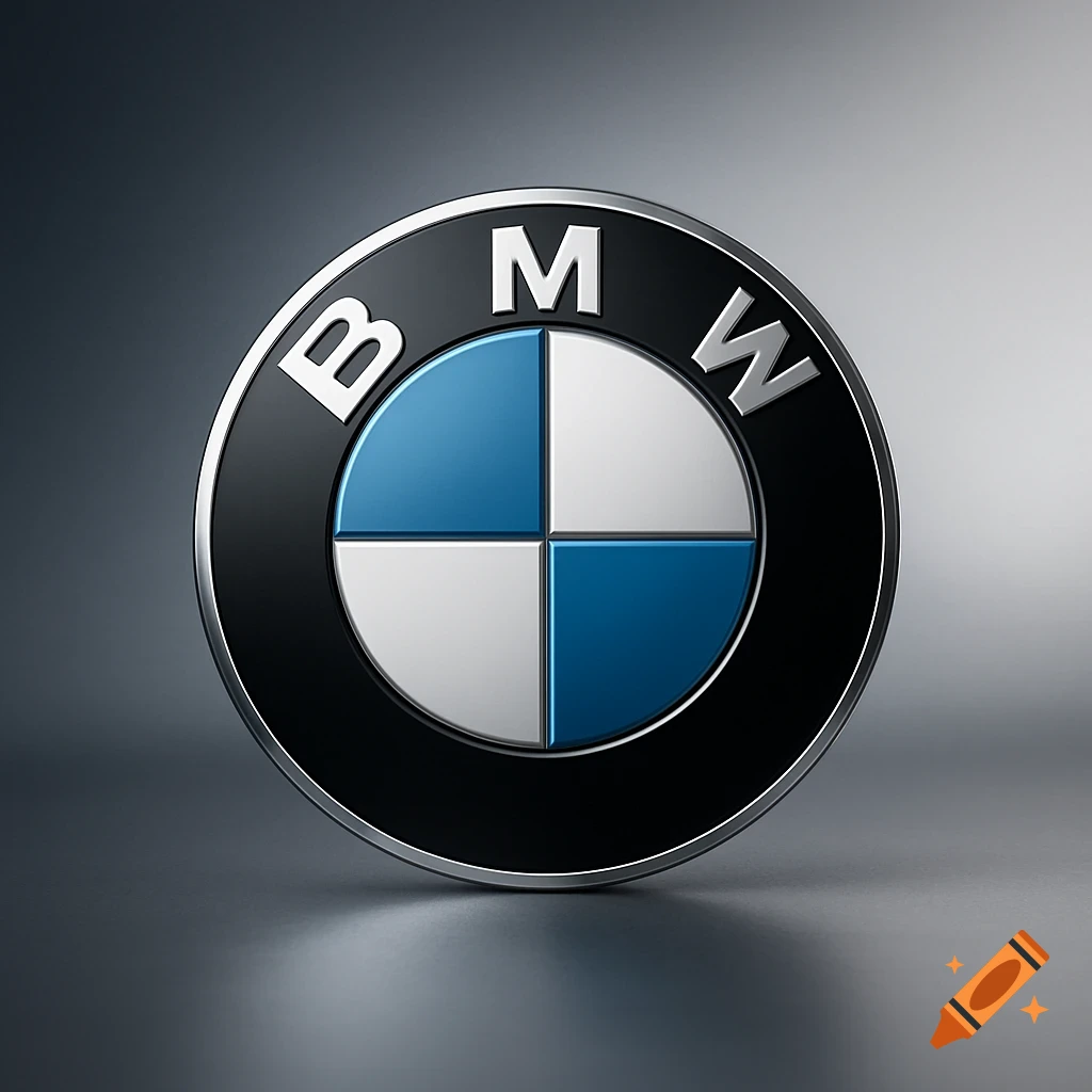 A photorealistic 3D render of the BMW logo, featuring a black ring with silver 'BMW' text, and a quartered blue and white center.
