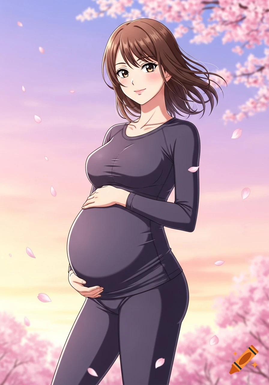 Anime style pregnant woman in dark activewear holding her belly under cherry blossoms with pink petals falling.