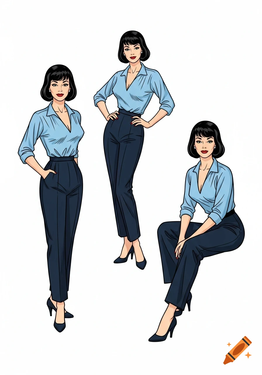 Three isolated pin-up style illustrations of a woman with a bob haircut, light blue blouse, and dark blue trousers in various poses.