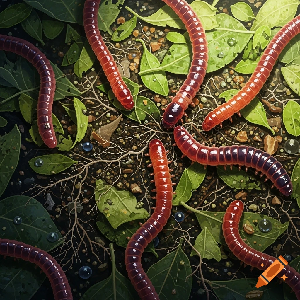 Close-up, photorealistic view of reddish-brown worms crawling on dark soil amidst green leaves and water droplets.