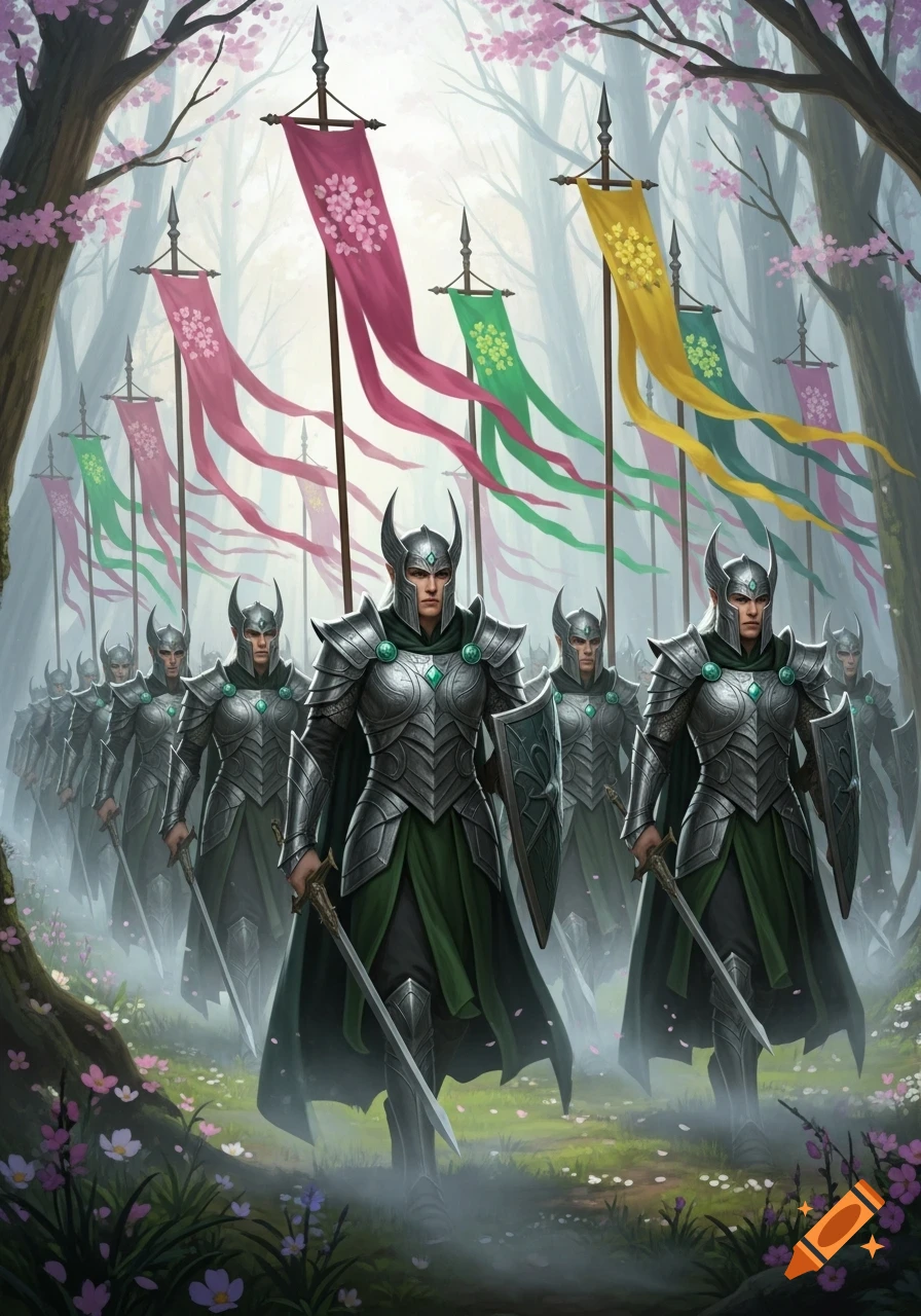 Armored elven warriors with swords and shields march through a misty, cherry blossom forest, under colorful fluttering banners.