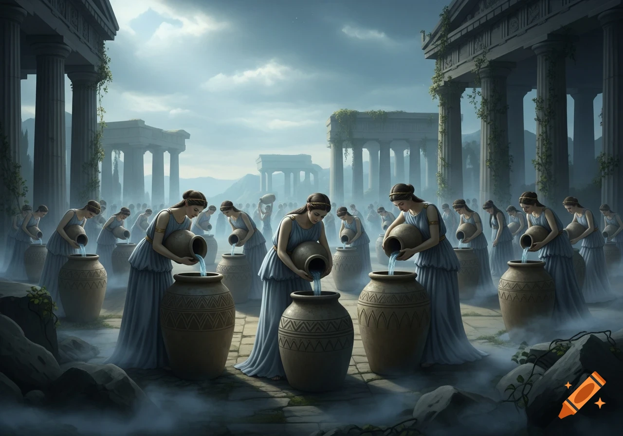 Women in ancient robes pour water into large pots among classical ruins under a cloudy sky, a digital painting depicting the myth of the Danaides.