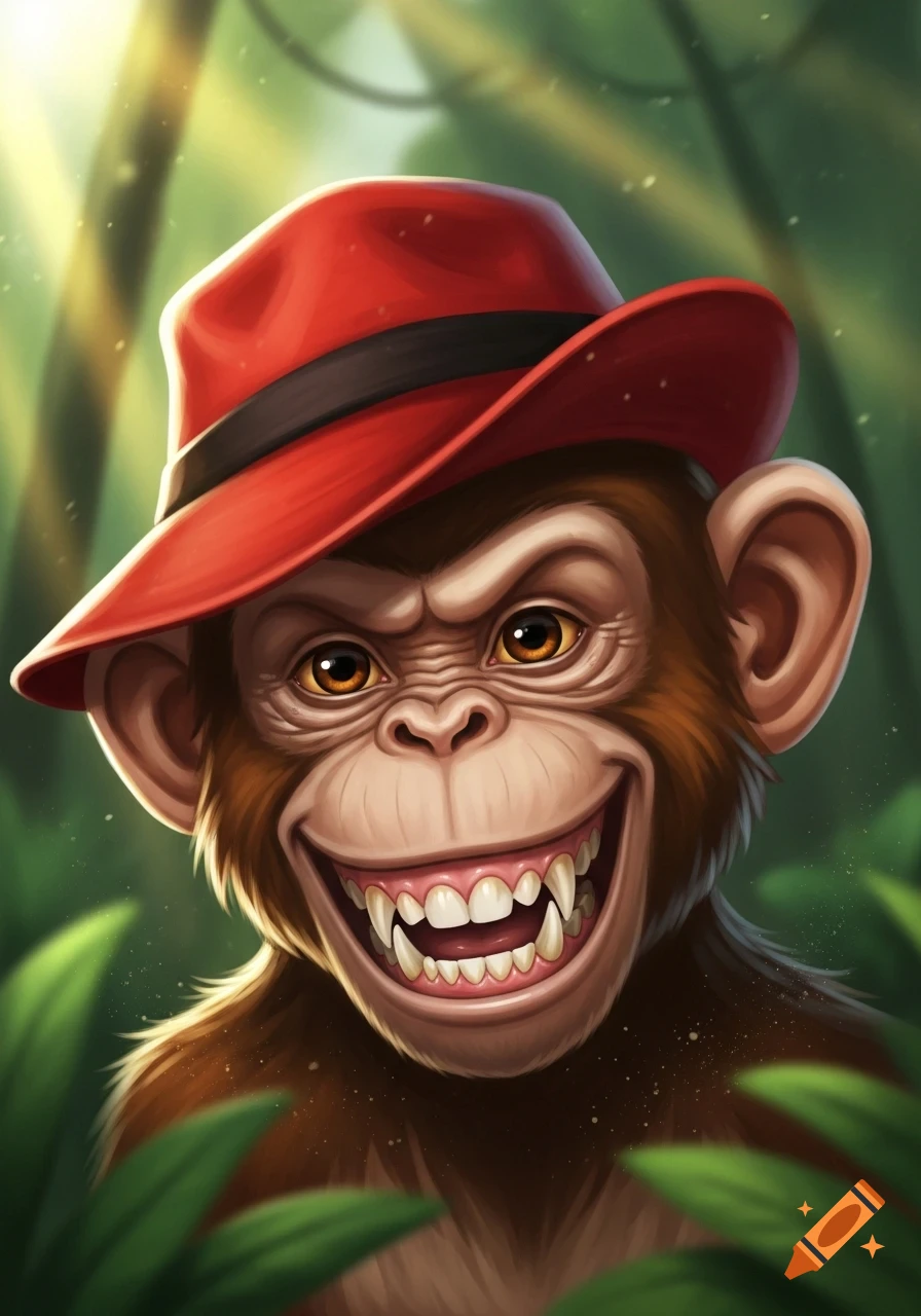 Smiling monkey wearing a red hat with sharp teeth, in a lush green jungle illustration.
