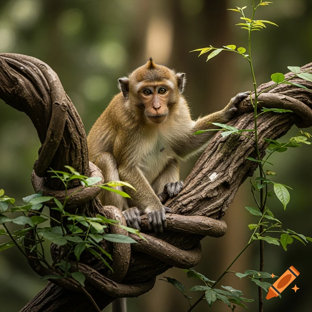 A photorealistic monkey sits on a thick, gnarled tree branch in a lush green jungle, looking forward.
