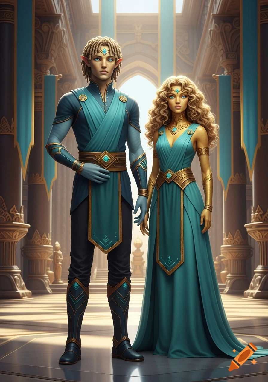 A male and female fantasy character with pale blue eyes and pointy ears stand in an ornate, golden and teal hall, both dressed in matching teal and gold elegant attire.